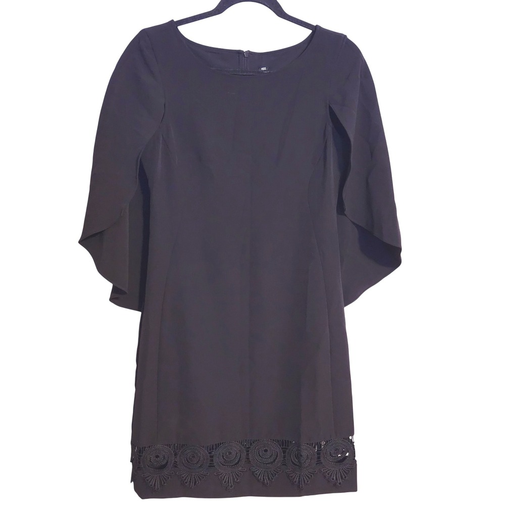 Yoana Baraschi Black Cape‎ Sleeve Dress Crochet Trim Knee Length Sz 8
